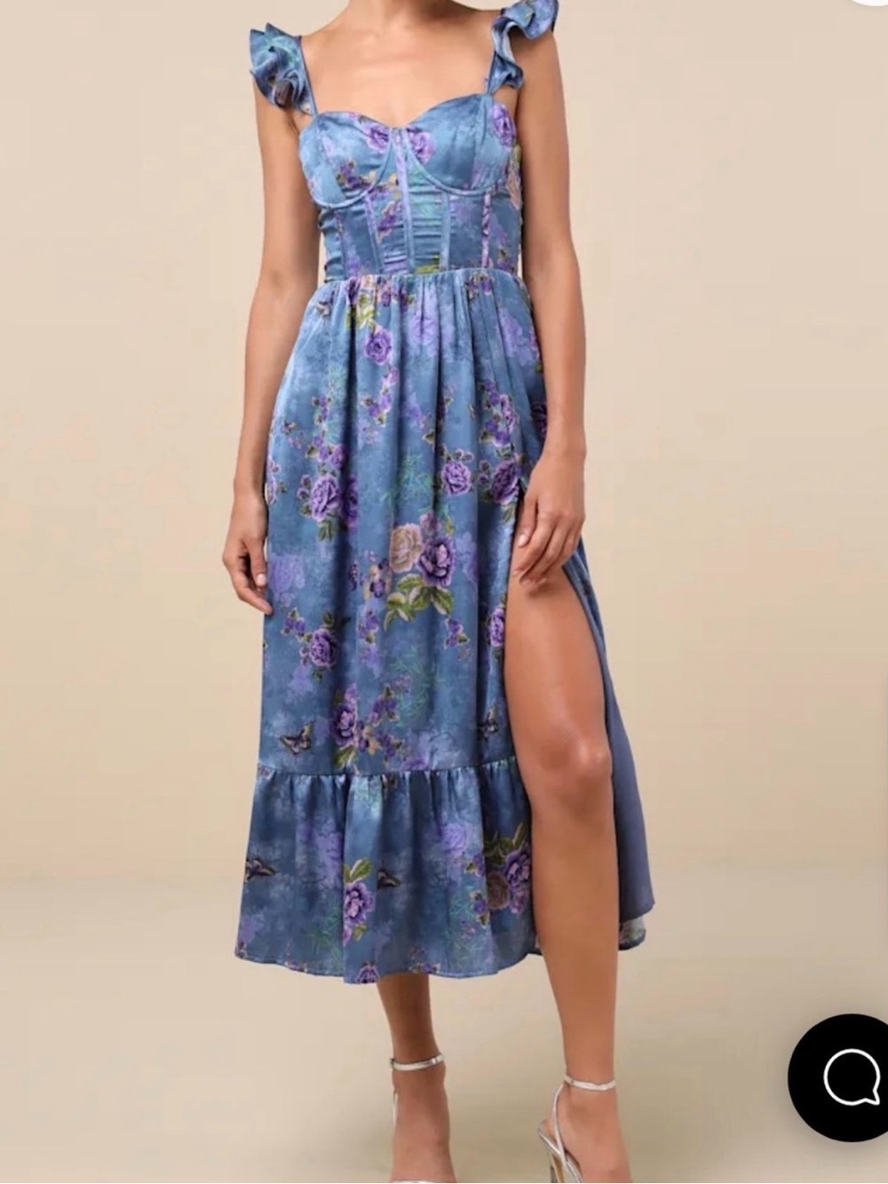 Lulu's Blue Floral Ruffle-Shoulder Midi Dress